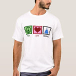 Peace Love Chemistry Teacher T-Shirt<br><div class="desc">If you are a scientist or need a geeky gift for the nerd or science teacher in your life, this cute Peace Love Chemistry t-shirt features a peace sign, heart, and chemicals in a beaker.</div>