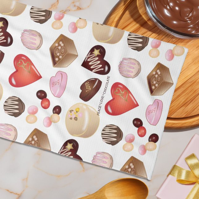 Peace Love Chocolate Candy Heart Pattern Tea Towel (Creator Uploaded)