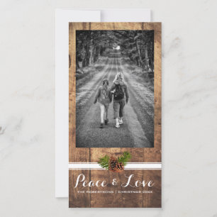 Peace Love Christmas Full Photo Wood Pinecones Holiday Card