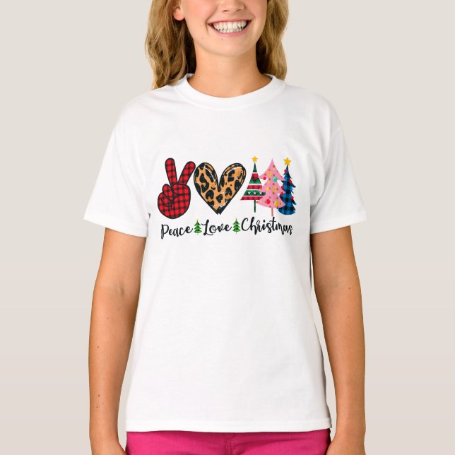 Peace Love Christmas in Pink Blue Green Holiday T- T-Shirt (Front)