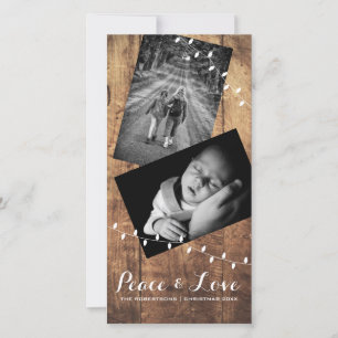 Peace & Love Christmas Photo Wood Lights Holiday Card