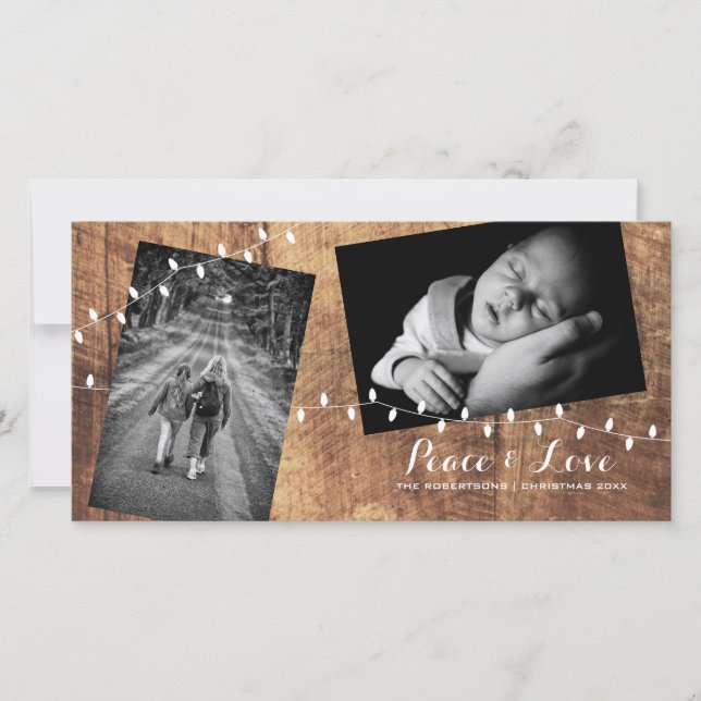 Peace Love Christmas Strewn Photos Wood Lights Holiday Card (Front)