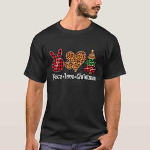 Peace Love Christmas Tree Plaid Leopard Print T-Shirt