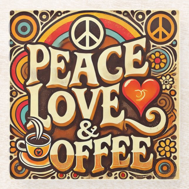 Peace, Love, & Coffee Retro Coaster (Front)