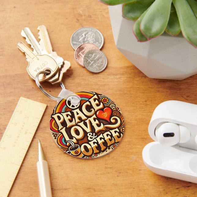 Peace, Love, & Coffee Retro Keyring (Desk)