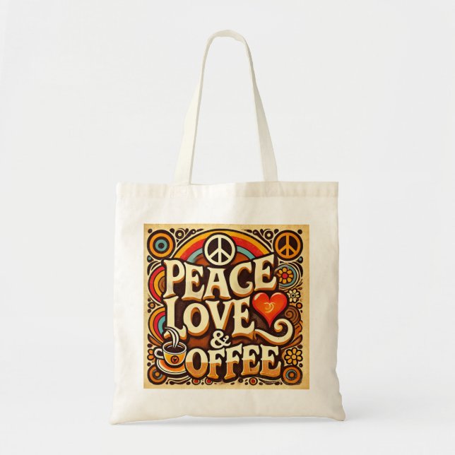 Peace, Love, & Coffee Retro Tote Bag (Front)