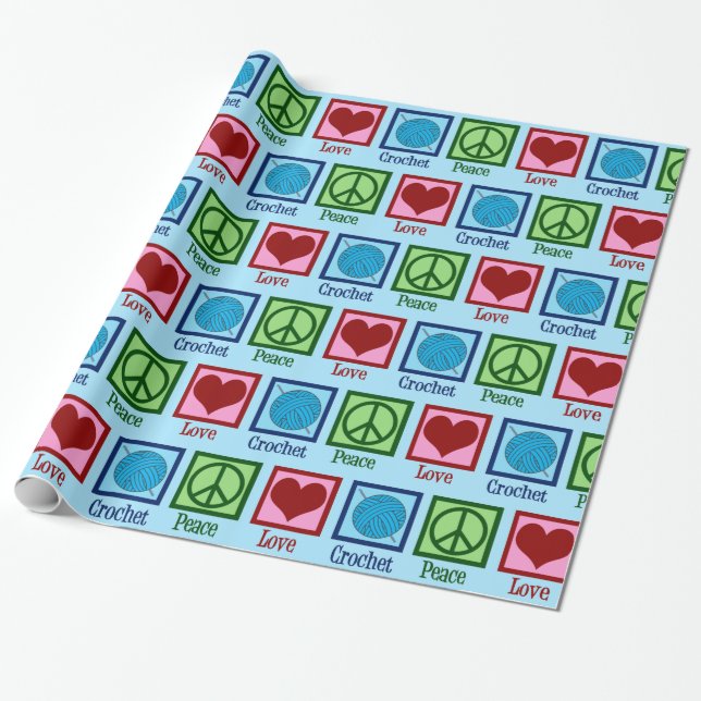 Peace Love Crochet Cute Blue Yarn Pattern Wrapping Paper (Unrolled)