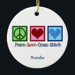 Peace Love Cross Stitch Cute Personalised Ceramic Tree Decoration<br><div class="desc">Cute cross stitching ornament gift for someone who loves to create things. This custom Peace Love Cross Stitch gift features a peace sign,  heart,  and a pretty cross-stitch pattern heart.</div>