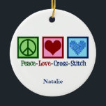 Peace Love Cross Stitch Cute Personalised Ceramic Tree Decoration<br><div class="desc">Cute cross stitching ornament gift for someone who loves to create things. This custom Peace Love Cross Stitch gift features a peace sign,  heart,  and a pretty cross-stitch pattern heart.</div>