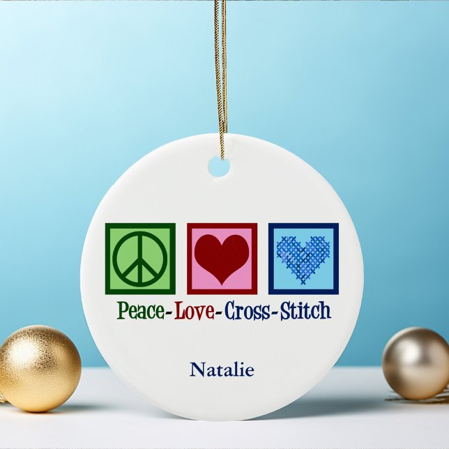 Peace Love Cross Stitch Cute Personalised Ceramic Tree Decoration (Creator Uploaded)