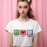 Peace Love Cupcakes Cute Baker Women's T-Shirt<br><div class="desc">A cute cupcake lover t-shirt for a baker who likes to bake sweets and desserts in a bakery. Features a peace sign, heart, and a pretty cupcake in pink.</div>