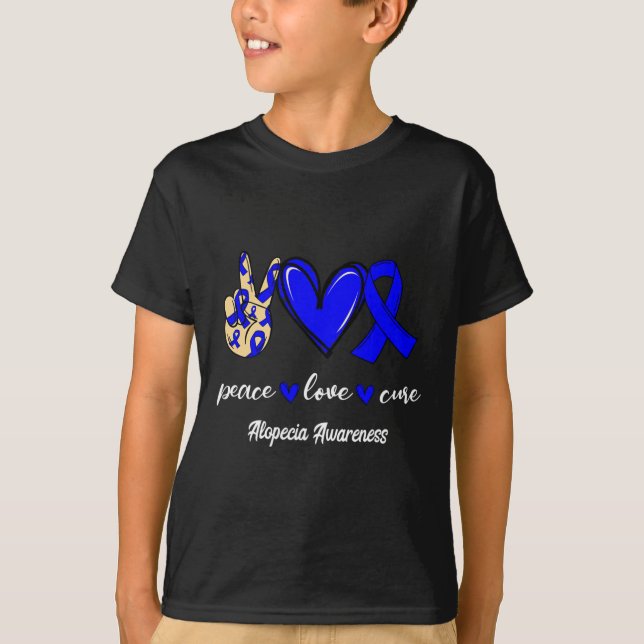 Peace Love Cure Alopecia Blue Ribbon Awareness  T-Shirt (Front)