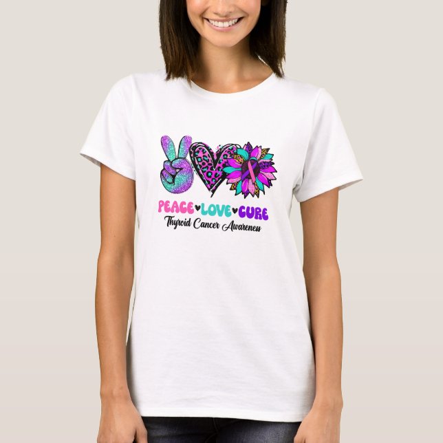 Peace Love Cure Blue Ribbon Thyroid Cancer Awarene T-Shirt (Front)