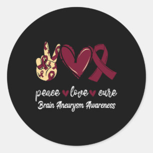 Peace Love Cure Brain Aneurysm Burgundy Ribbon Awa Classic Round Sticker