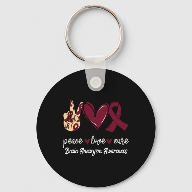 Peace Love Cure Brain Aneurysm Burgundy Ribbon Awa Key Ring (Front)