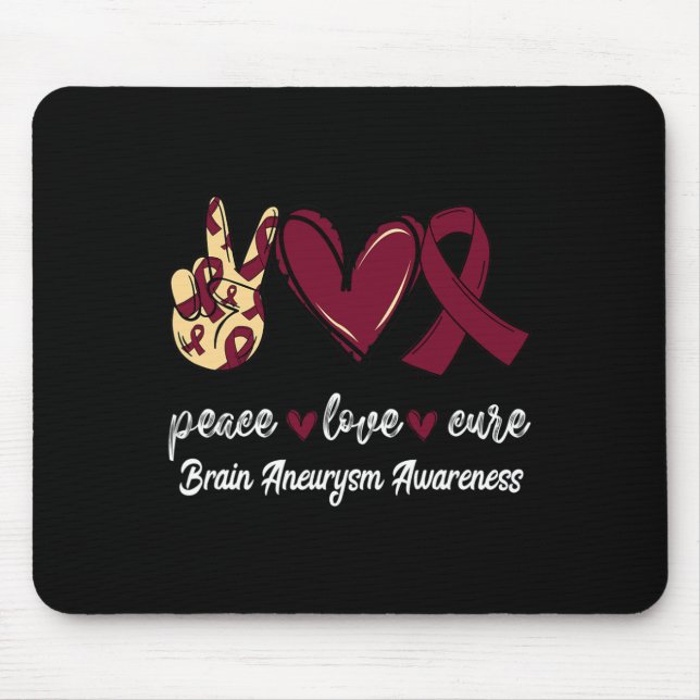 Peace Love Cure Brain Aneurysm Burgundy Ribbon Awa Mouse Mat (Front)