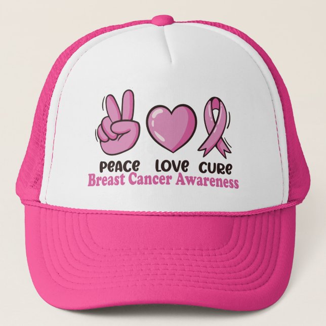 Peace Love Cure Breast Cancer Awareness Pink Women Trucker Hat (Front)