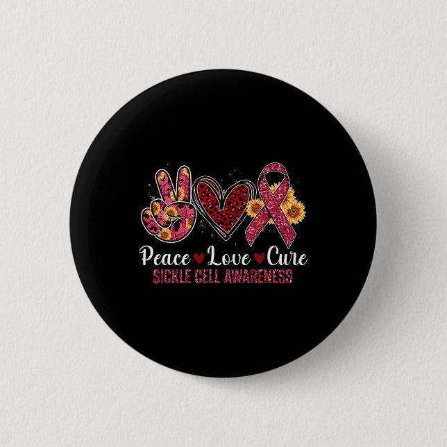 Peace Love Cure Burgundy Ribbon Sickle Cell Awaren 6 Cm Round Badge (Front)