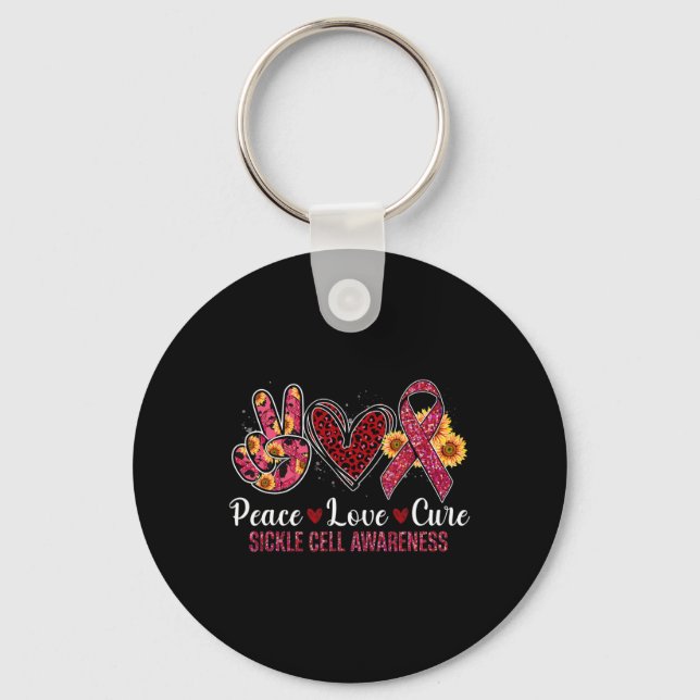 Peace Love Cure Burgundy Ribbon Sickle Cell Awaren Key Ring (Front)