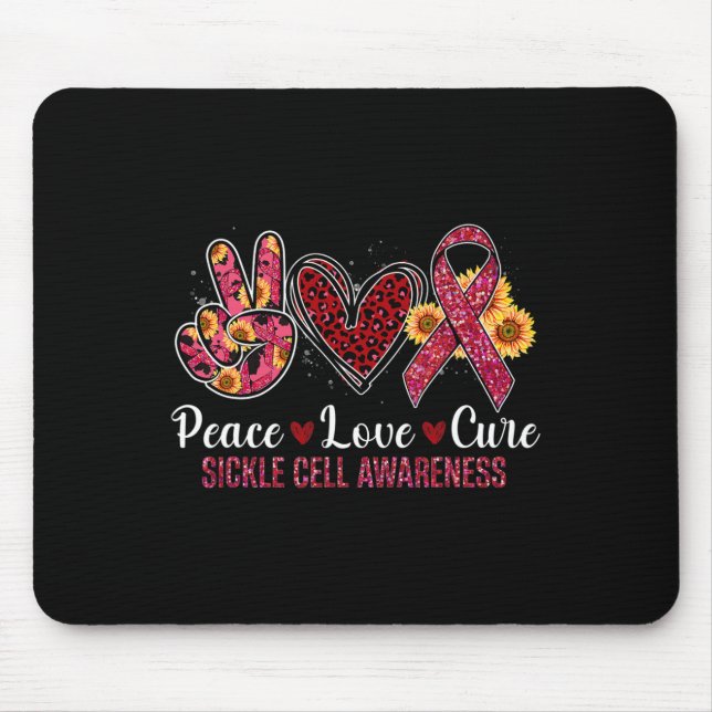 Peace Love Cure Burgundy Ribbon Sickle Cell Awaren Mouse Mat (Front)
