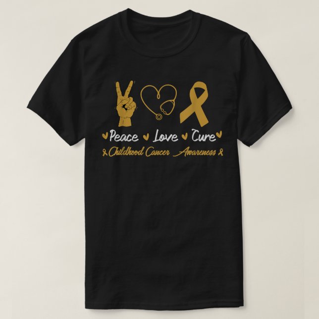 Peace Love Cure Childhood Cancer Awareness Gold Ri T-Shirt (Design Front)