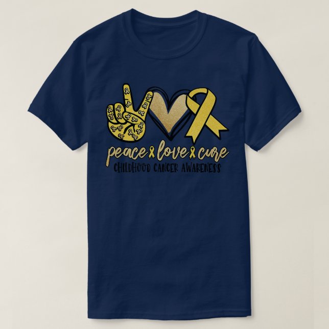 Peace Love Cure Childhood Cancer Awareness Gold T-Shirt (Design Front)