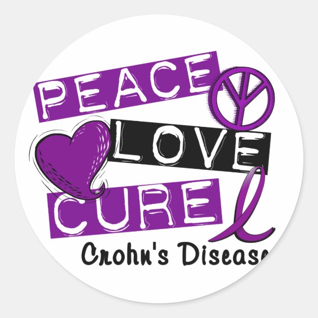 PEACE LOVE CURE CROHNS DISEASE CLASSIC ROUND STICKER (Front)