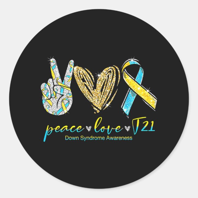 Peace Love Cure Down Syndrome Awareness Classic Round Sticker (Front)