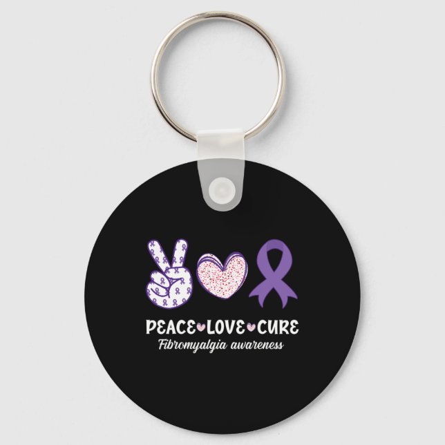 Peace Love Cure Fibromyalgia Awareness Month Warri Key Ring (Front)