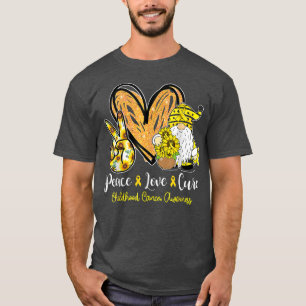 Peace Love Cure Gnome Gold Ribbon Childhood Cancer T-Shirt