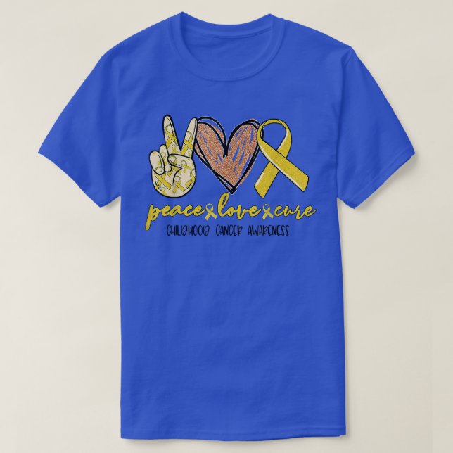 Peace Love Cure Gold Ribbon Childhood Cancer Aware T-Shirt (Design Front)