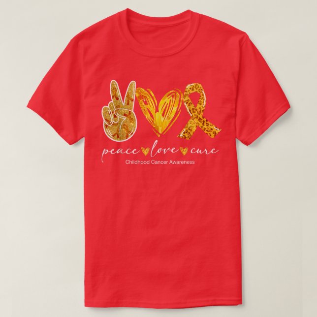 Peace Love Cure Gold Ribbon Childhood Cancer Aware T-Shirt (Design Front)
