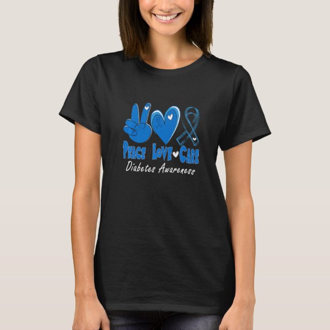 Peace Love Cure Grey Blue Ribbon Diabetes Awarenes T-Shirt (Front)