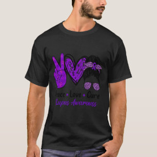 Peace Love Cure Lupus Awareness Messy Bun Heart Gr T-Shirt