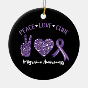 Peace Love Cure Migraine Awareness Ribbon Ceramic Tree Decoration