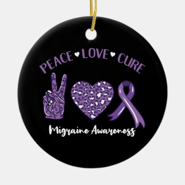 Peace Love Cure Migraine Awareness Ribbon Ceramic Tree Decoration (Front)