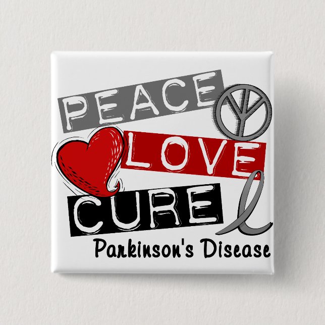 PEACE LOVE CURE PARKINSONS DISEASE 15 CM SQUARE BADGE (Front)