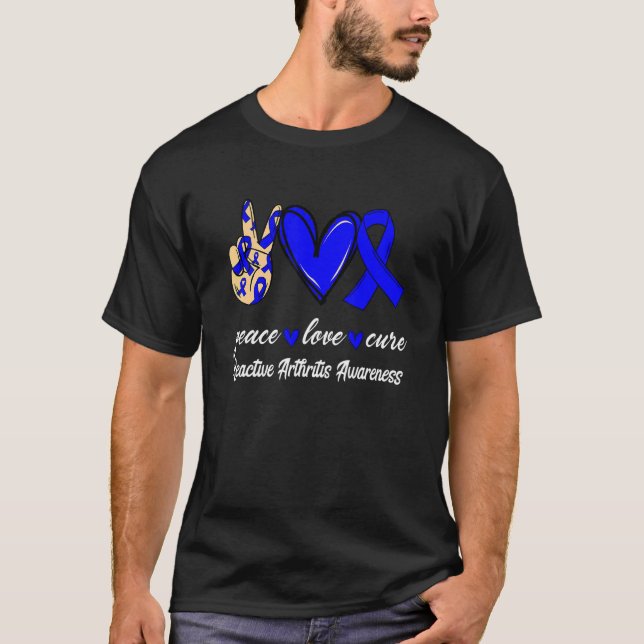 Peace Love Cure Reactive Arthritis Blue Ribbon Awa T-Shirt (Front)