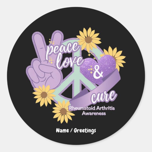 Peace Love Cure Rheumatoid Arthritis Awareness  Classic Round Sticker (Front)