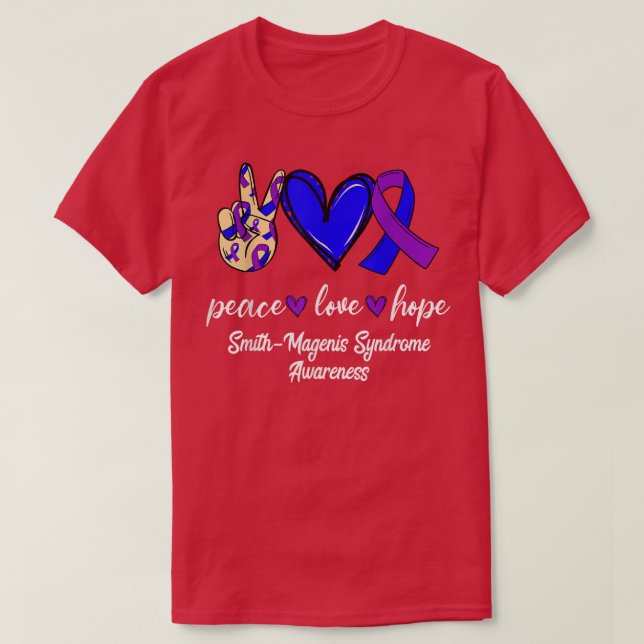 Peace Love Cure Smith-Magenis Syndrome Purple Blue T-Shirt (Design Front)