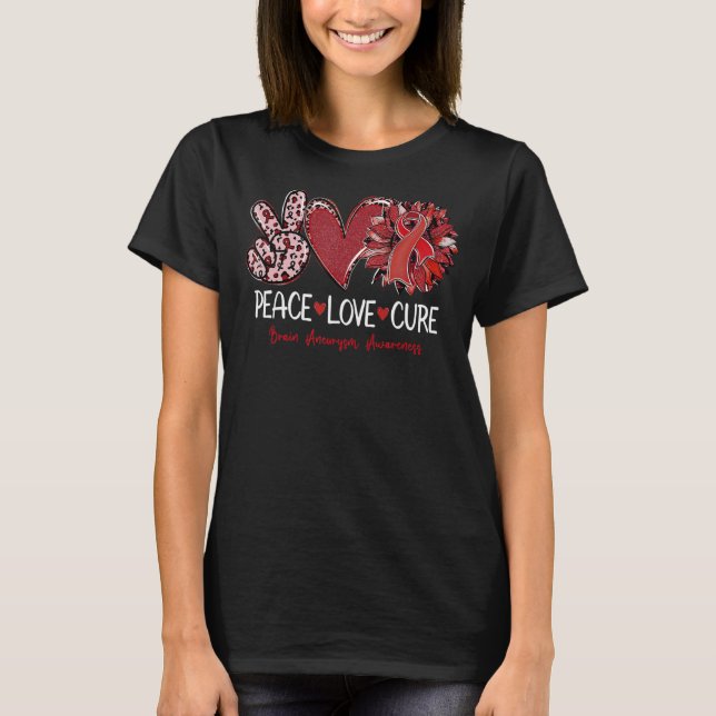 Peace Love Cure Sunflower Burgundy Ribbon Brain An T-Shirt (Front)