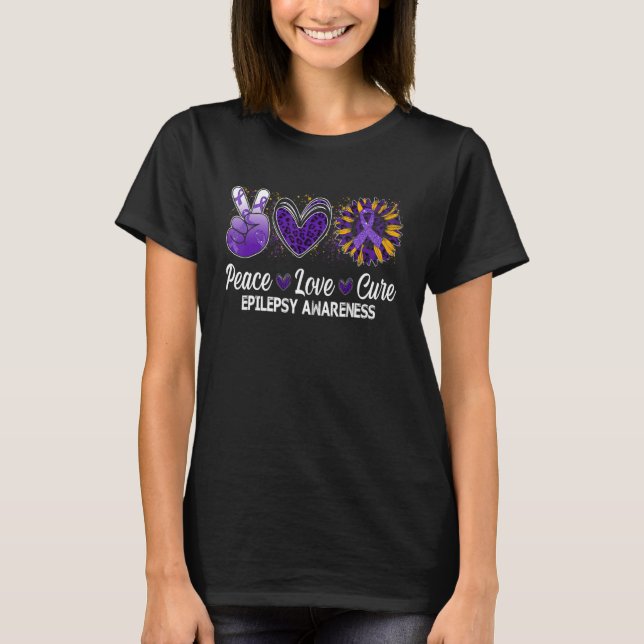 Peace Love Cure Sunflower   Epilepsy Awareness War T-Shirt (Front)