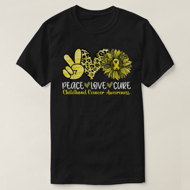 Peace Love Cure Sunflower Leopard Childhood Cancer T-Shirt (Design Front)