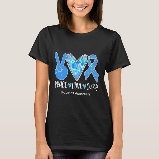 Peace Love Cure T1d Diabetes Awareness Blue Ribbon T-Shirt (Front)