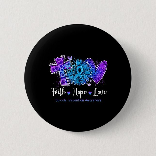 Peace Love Cure Teal and Purple Sunflower Suicide  6 Cm Round Badge (Front)
