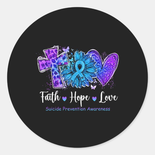 Peace Love Cure Teal and Purple Sunflower Suicide  Classic Round Sticker (Front)
