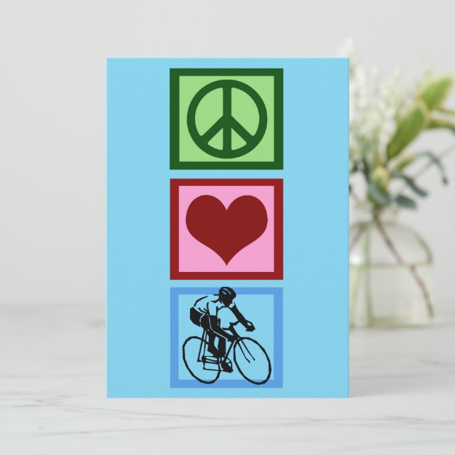Peace Love Cycling Cute Blue Cyclist Holiday Card (Standing Front)
