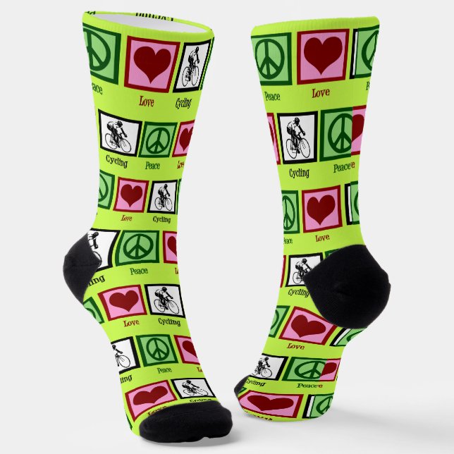 Peace Love Cycling Cute Neon Yellow Cyclist Socks (Angled)