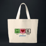 Peace Love Cycling Large Tote Bag<br><div class="desc">Nothing feels better than riding a bicycle. This cute cyclist design features a peace sign,  heart,  and a person who loves to cycle. Peace Love Cycling.</div>