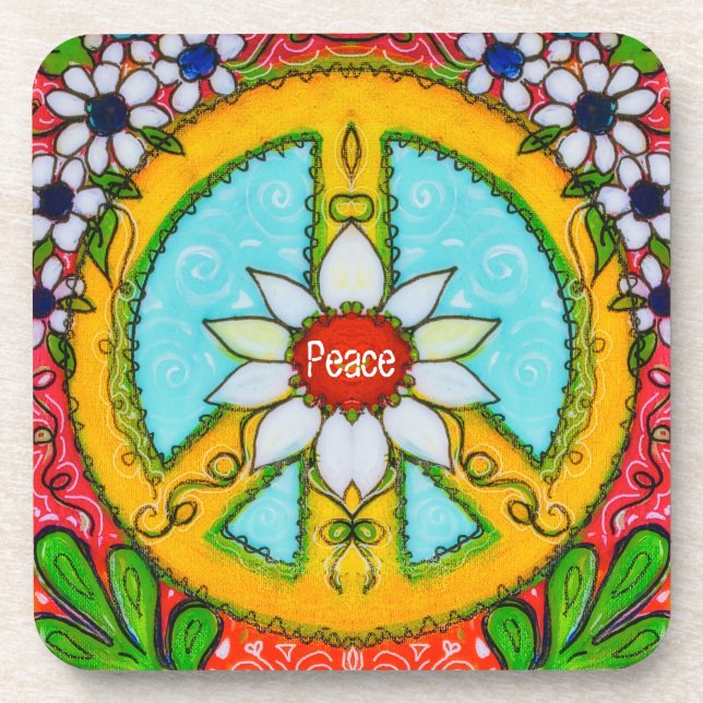 Peace Love Daisy hippie colourful bohemian Coaster (Front)